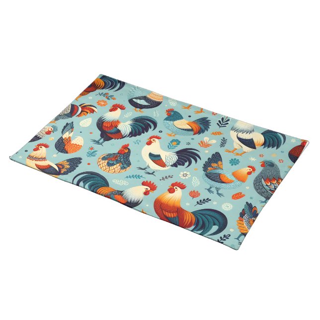 Chicken and Rooster Design Cloth Placemat (On Table)