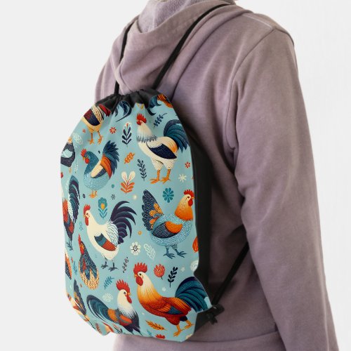 Chicken and Rooster Design Drawstring Bag