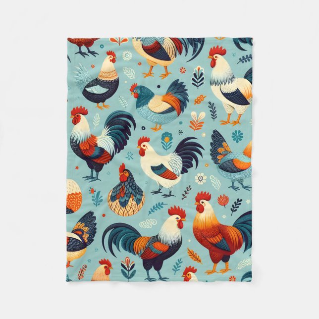 Chicken and Rooster Design Fleece Blanket (Front)