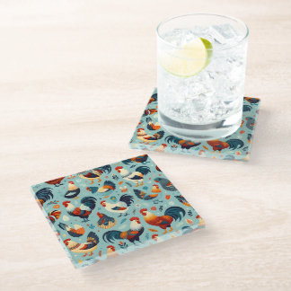 Chicken and Rooster Design Glass Coaster