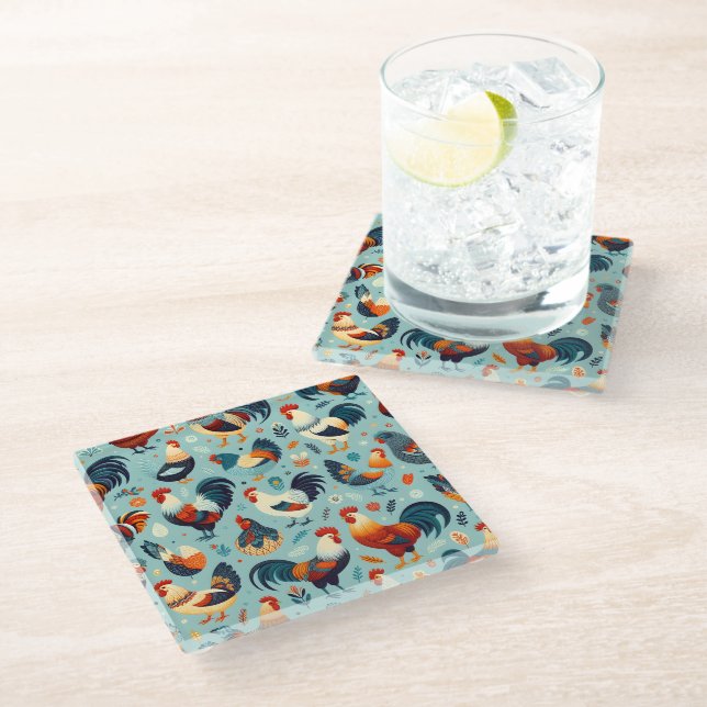 Chicken and Rooster Design Glass Coaster (Angled)