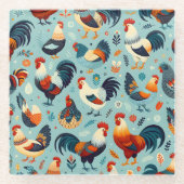 Chicken and Rooster Design Glass Coaster (Front)