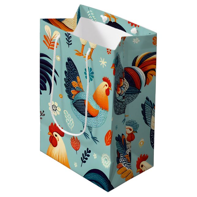 Chicken and Rooster Design Medium Gift Bag (Front Angled)
