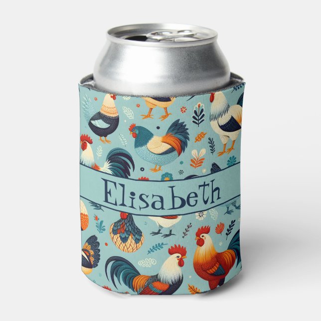 Chicken and Rooster Design Personalise Can Cooler (Can Front)
