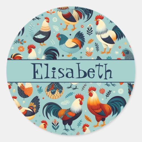 Chicken and Rooster Design Personalise Classic Round Sticker