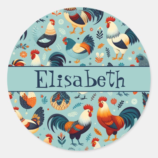 Chicken and Rooster Design Personalise Classic Round Sticker (Front)