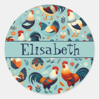 Chicken and Rooster Design Personalise Classic Round Sticker