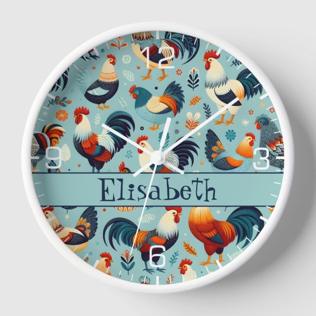 Chicken and Rooster Design Personalise Clock (Front)