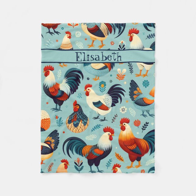 Chicken and Rooster Design Personalise Fleece Blanket (Front)