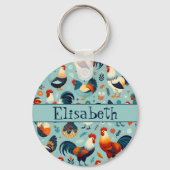 Chicken and Rooster Design Personalise Keychain (Front)