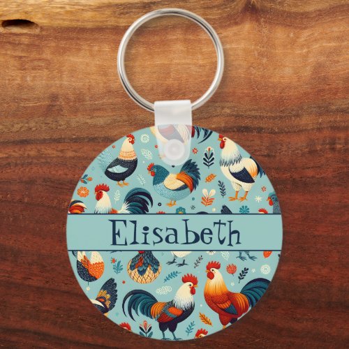Chicken and Rooster Design Personalise Keychain