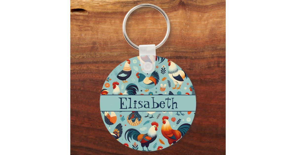 Chicken and Rooster Design Personalise Keychain | Zazzle