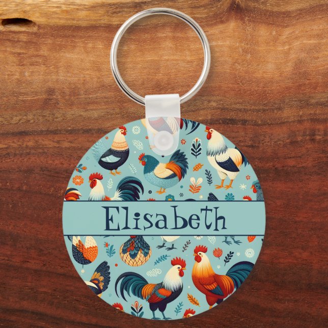 Chicken and Rooster Design Personalise Keychain (Front)
