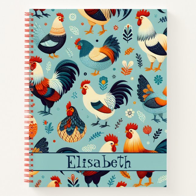 Chicken and Rooster Design Personalise Notebook (Front)