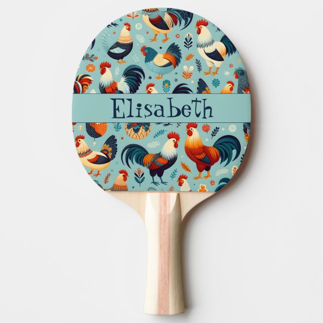Chicken and Rooster Design Personalise Ping Pong Paddle (Front)