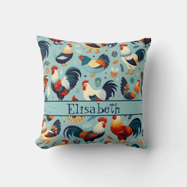Chicken and Rooster Design Personalise Throw Pillow (Front)