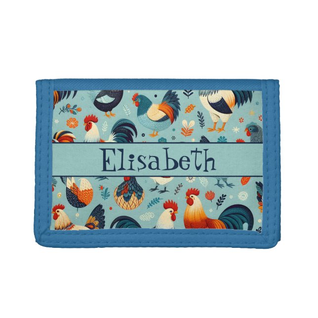 Chicken and Rooster Design Personalise Trifold Wallet (Front)