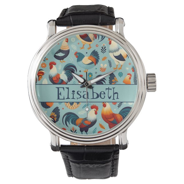 Chicken and Rooster Design Personalise Watch (Front)