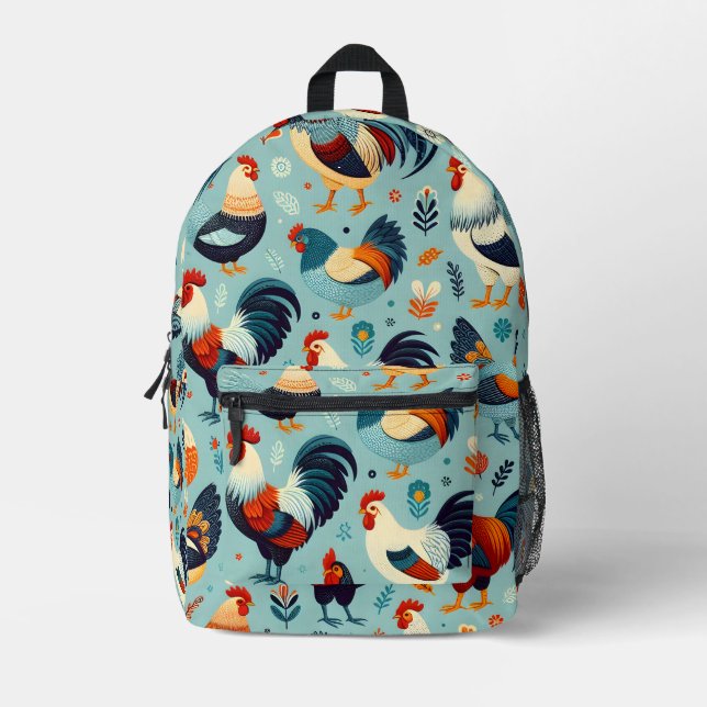 Chicken and Rooster Design Printed Backpack (Front)
