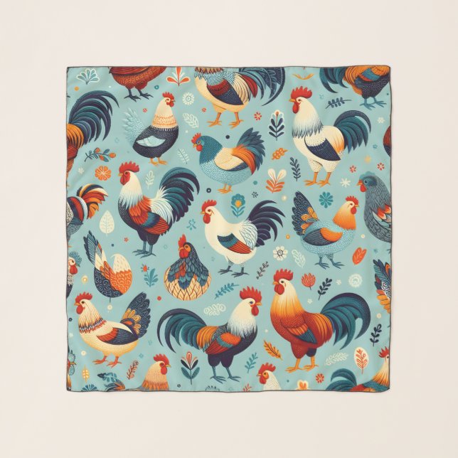 Chicken and Rooster Design Scarf (Front)