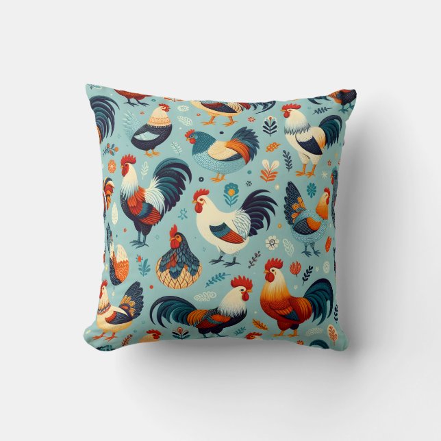 Chicken and Rooster Design Throw Pillow (Front)