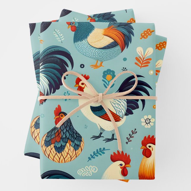 Chicken and Rooster Design Wrapping Paper Sheets (In situ)