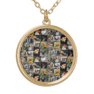 Chicken And Rooster Photo Collage, Gold Plated Necklace