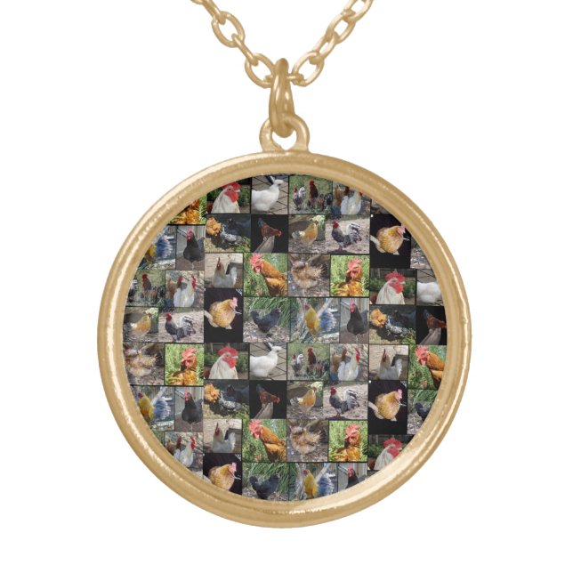 Chicken And Rooster Photo Collage, Gold Plated Necklace (Front)