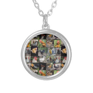 Chicken,And Rooster Photo Collage, Silver Plated Necklace