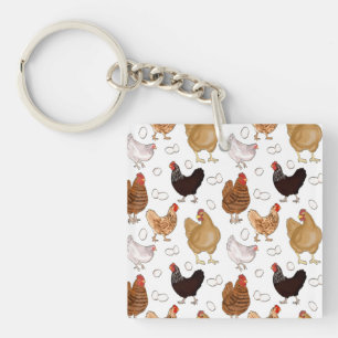 Chicken and the Eggs Pattern on White Keychain