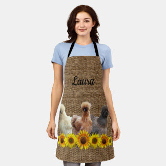 Chicken Apron Your Name Silkies Sunflowers Burlap