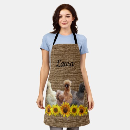 Chicken Apron Your Name Silkies Sunflowers Burlap