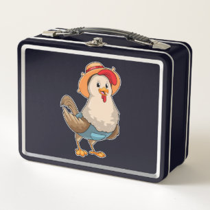 Chicken as Farmer with Hat Metal Lunch Box