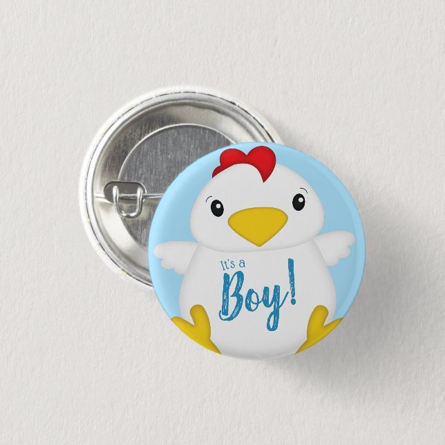 Chicken Baby Shower Blue Boy Button (Front & Back)