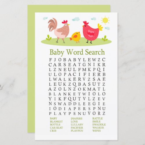 Chicken Baby Shower Word Search Game