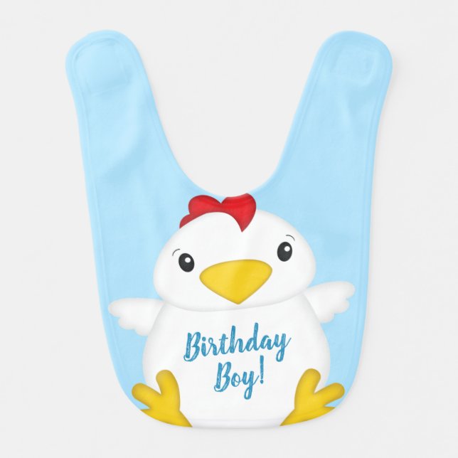 Chicken Birthday Party Blue Baby Bib (Front)