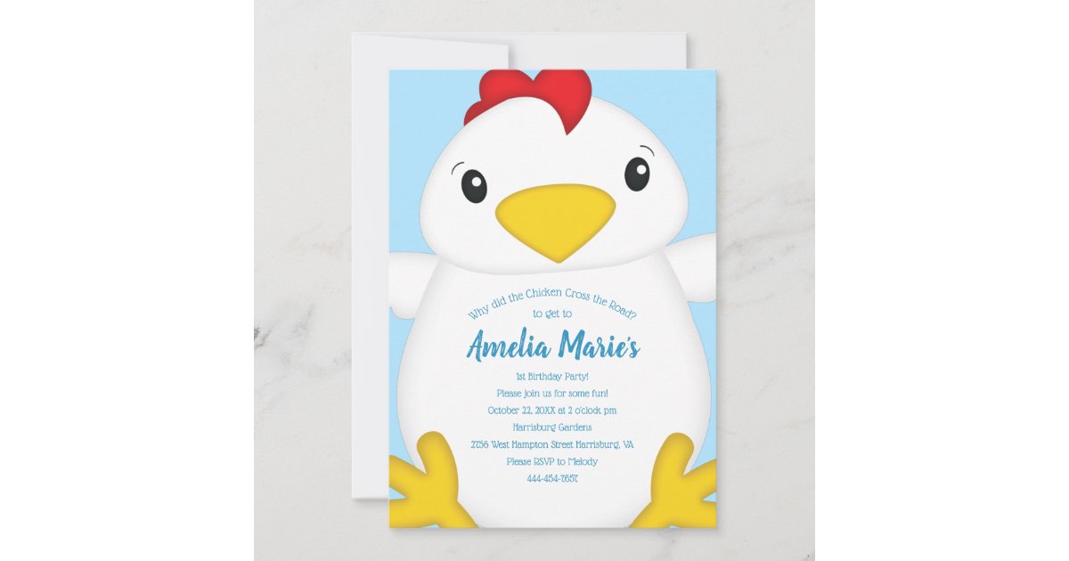 Chicken Birthday Party Blue Invitation | Zazzle