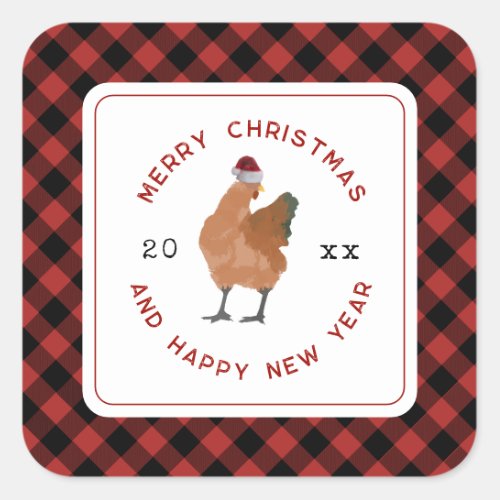 Chicken Christmas Buffalo Plaid Square Sticker