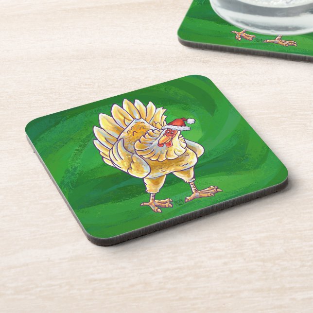 Chicken Christmas On Green Beverage Coaster (Left Side)