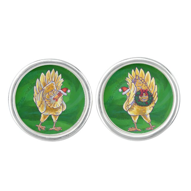 Chicken Christmas On Green Cufflinks (Front)
