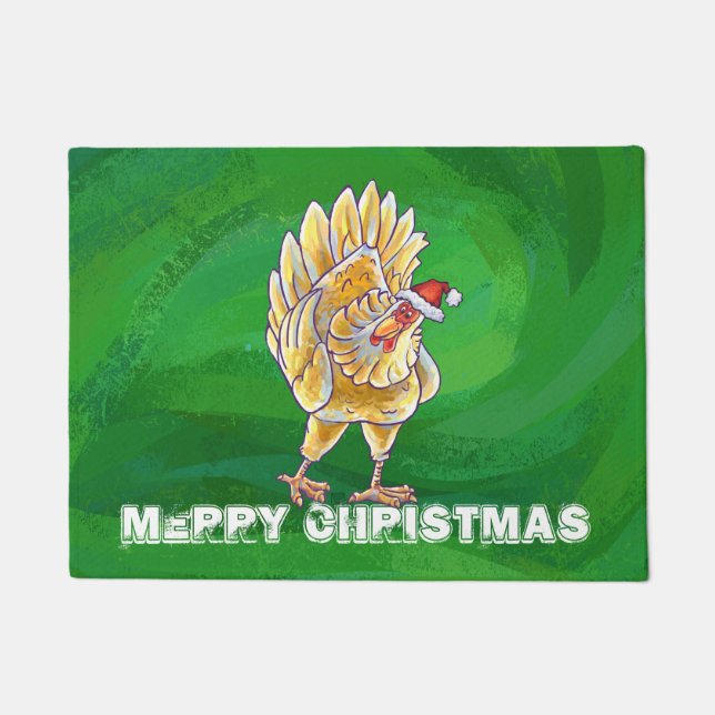 Chicken Christmas On Green Doormat (Front)