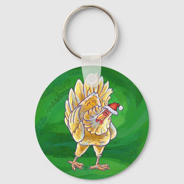 Chicken Christmas On Green Keychain (Front)