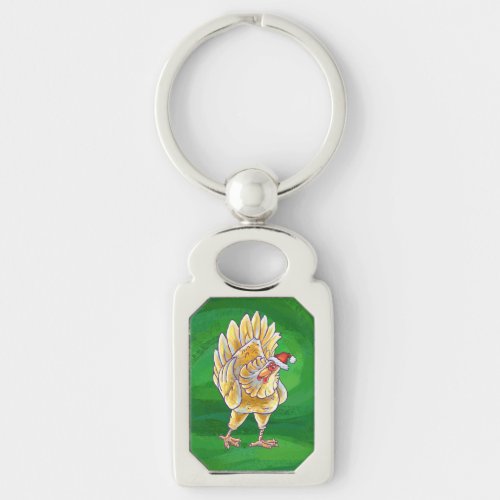 Chicken Christmas On Green Keychain