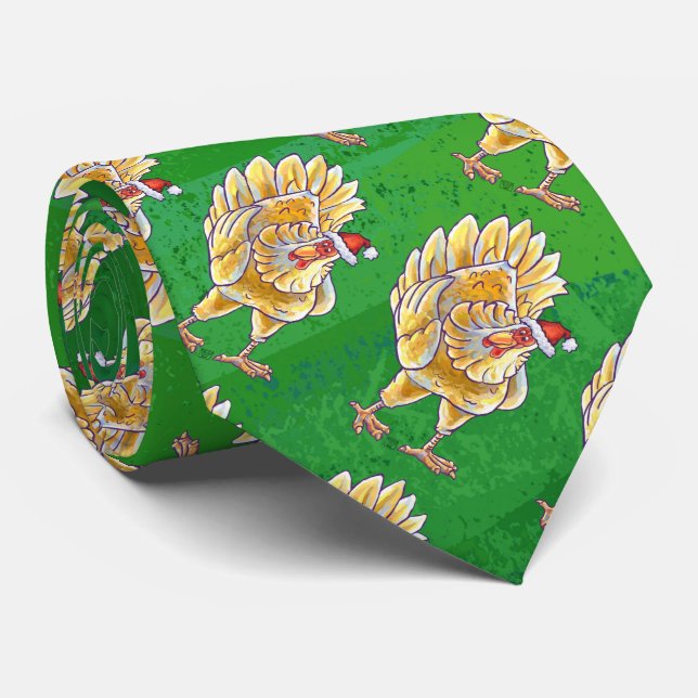 Chicken Christmas On Green Neck Tie (Rolled)