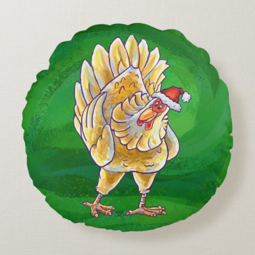 Chicken Christmas On Green Round Pillow