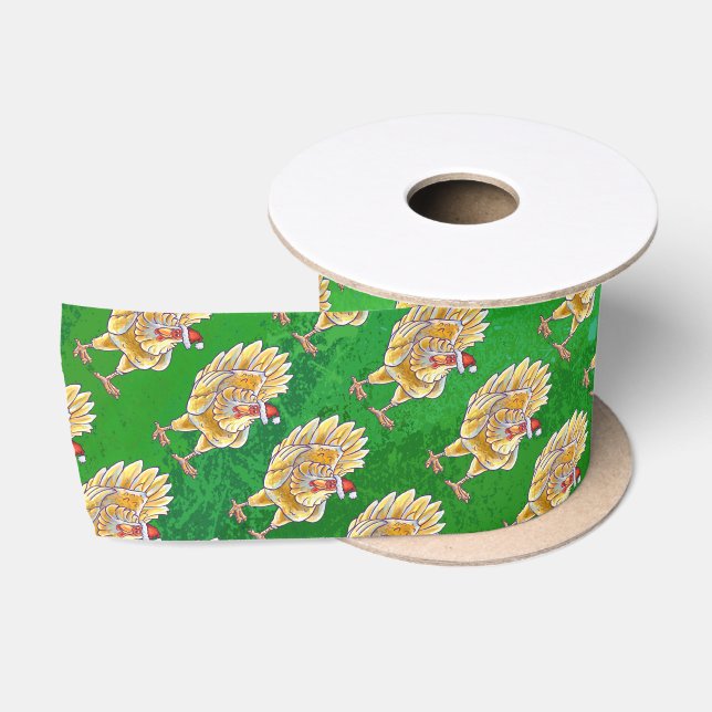 Chicken Christmas On Green Satin Ribbon (Spool)
