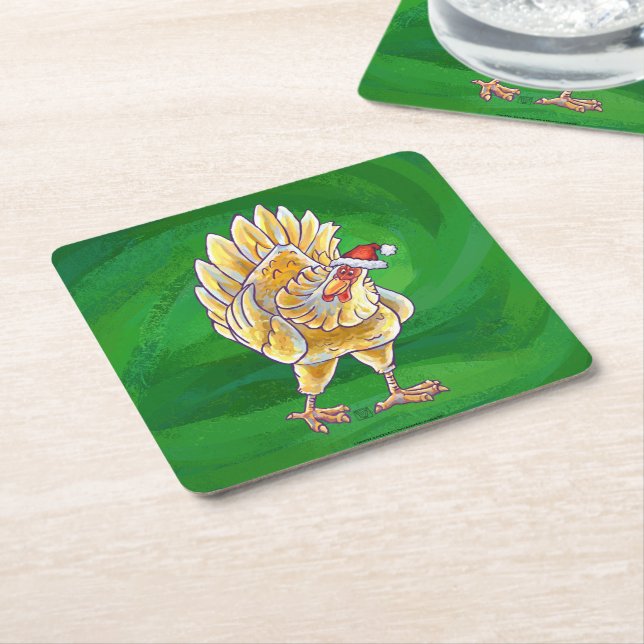 Chicken Christmas On Green Square Paper Coaster (Angled)
