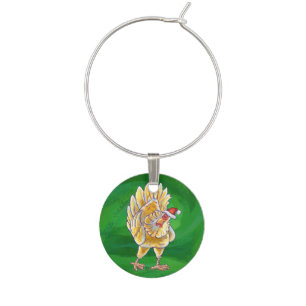 Chicken Christmas On Green Wine Glass Charm