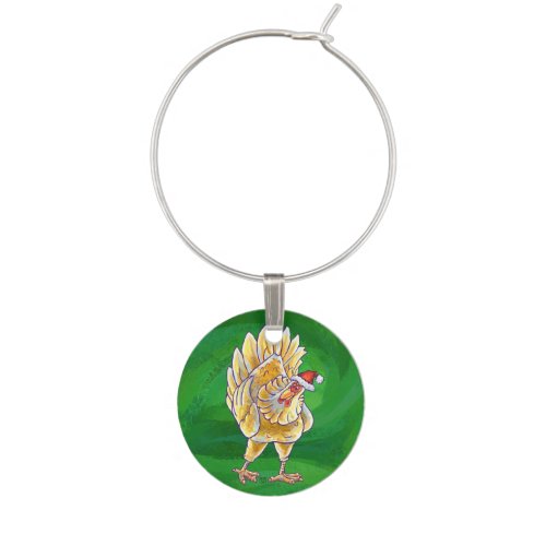 Chicken Christmas On Green Wine Glass Charm