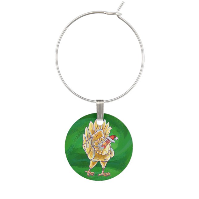 Chicken Christmas On Green Wine Glass Charm (Front)